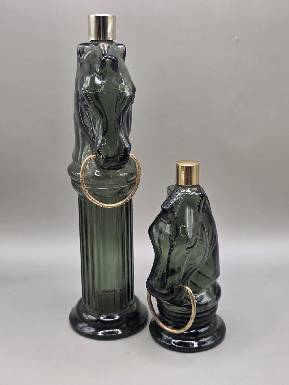 Vintage Avon Pony Post Green Glass Horse Head Decanter Bottles Lot of 2...
